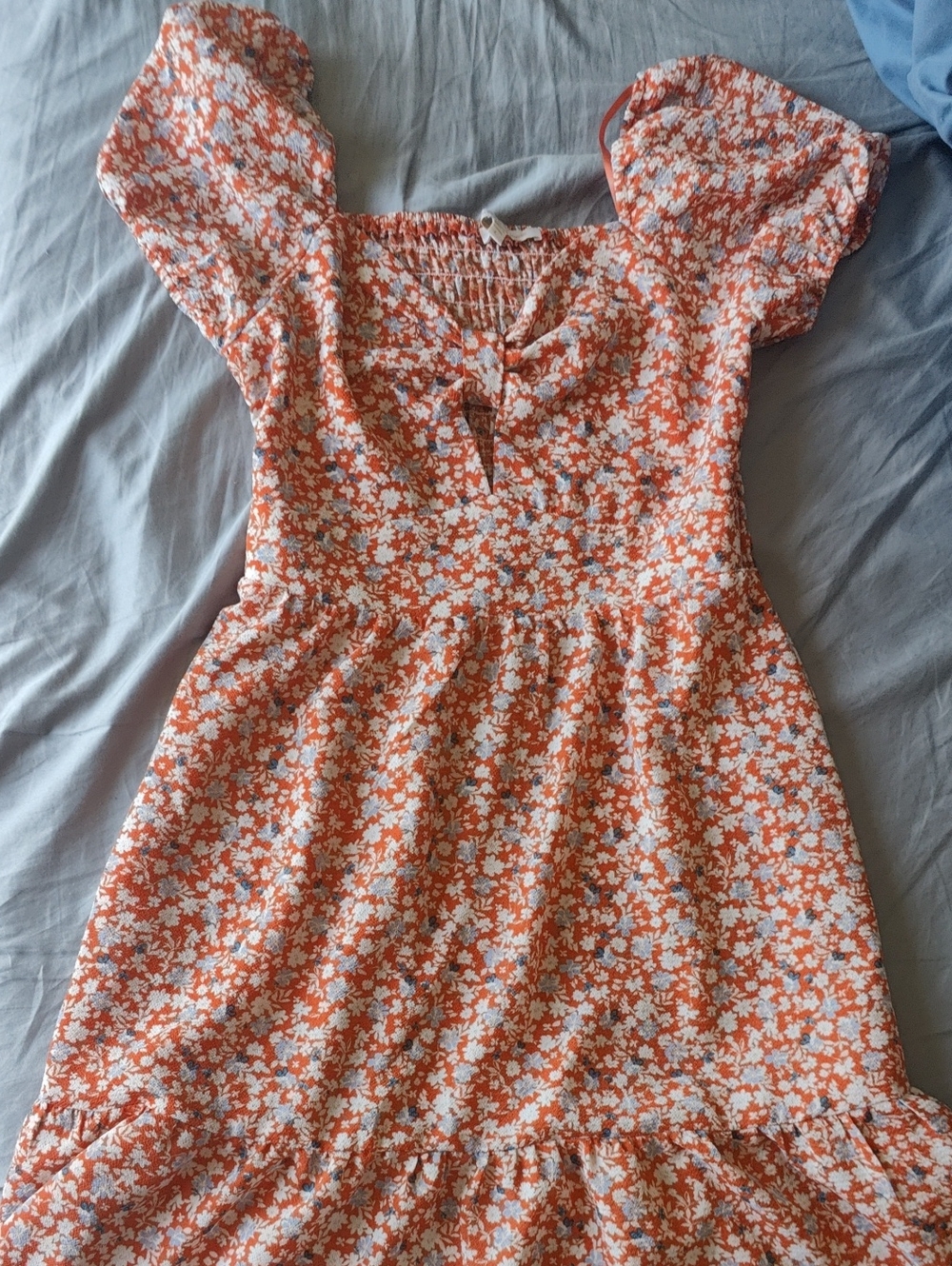 Orange and White Floral Puff-Sleeve Midi Dress